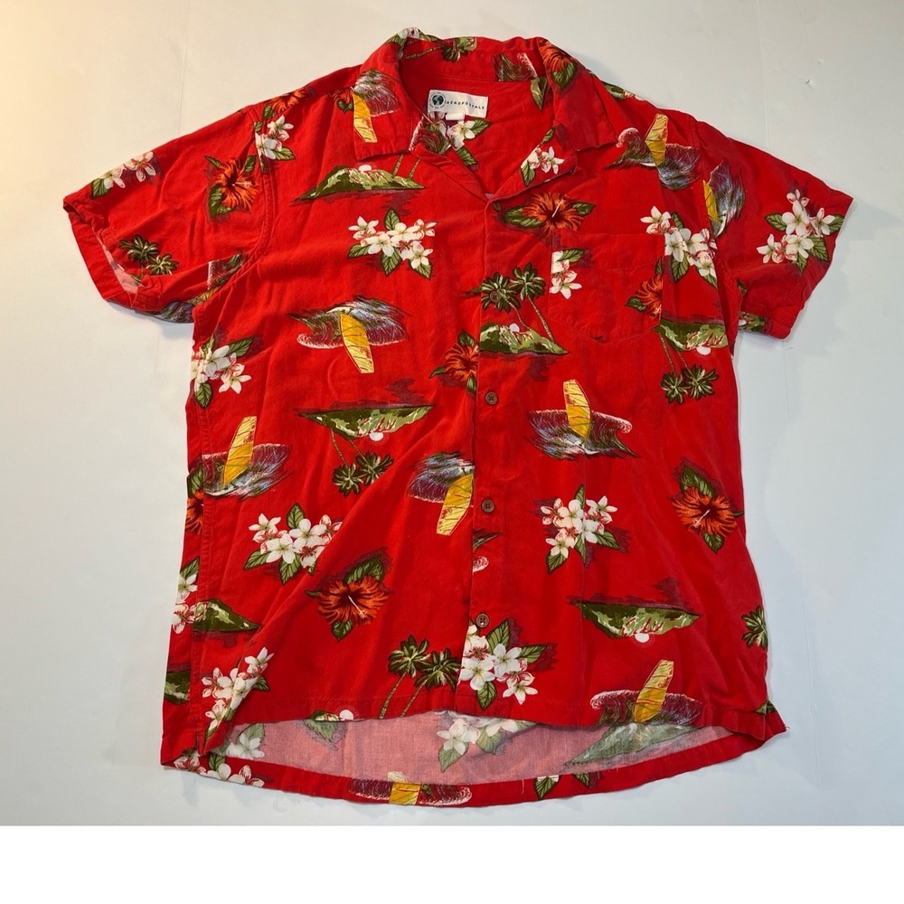 Aeropostale Hawaiian Shirt Mens L Red Tropical Viscose Aloha Surf Hawaiian Surf